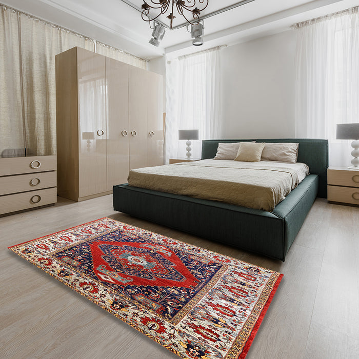 Mid-Century Modern Carbon Red Persian Rug in a Bedroom, urb1472