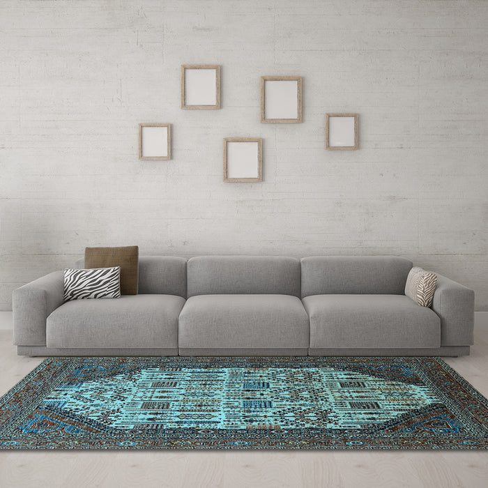 Machine Washable Oriental Light Blue Industrial Rug in a Living Room, wshurb1473lblu