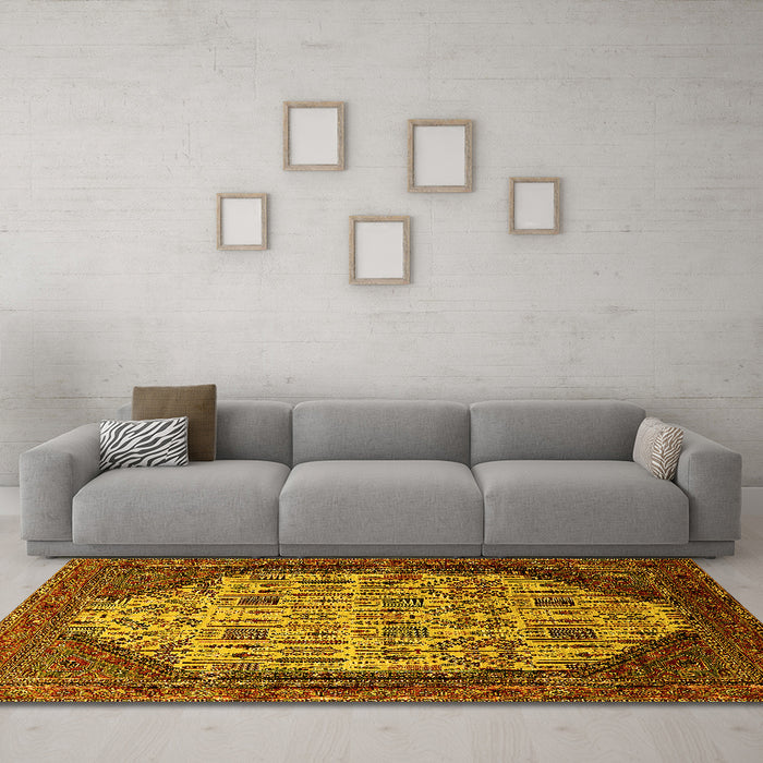 Machine Washable Oriental Yellow Industrial Rug in a Living Room, wshurb1473yw