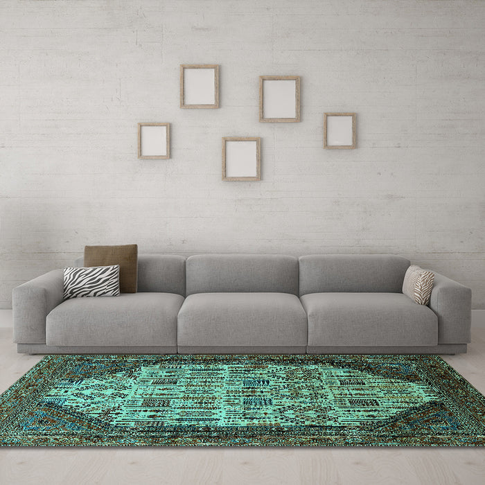 Machine Washable Oriental Turquoise Industrial Area Rugs in a Living Room,, wshurb1473turq