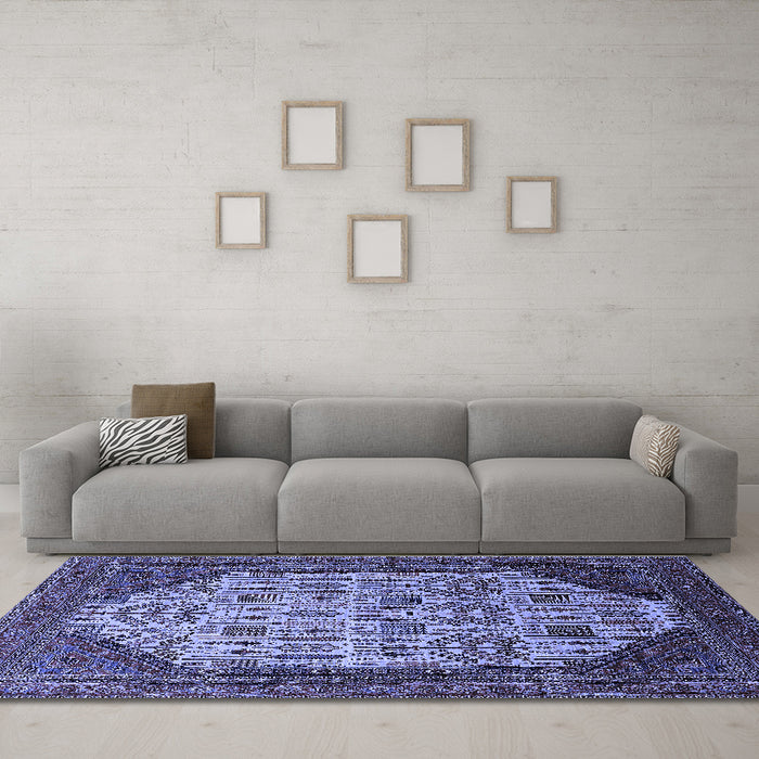 Machine Washable Oriental Blue Industrial Rug in a Living Room, wshurb1473blu
