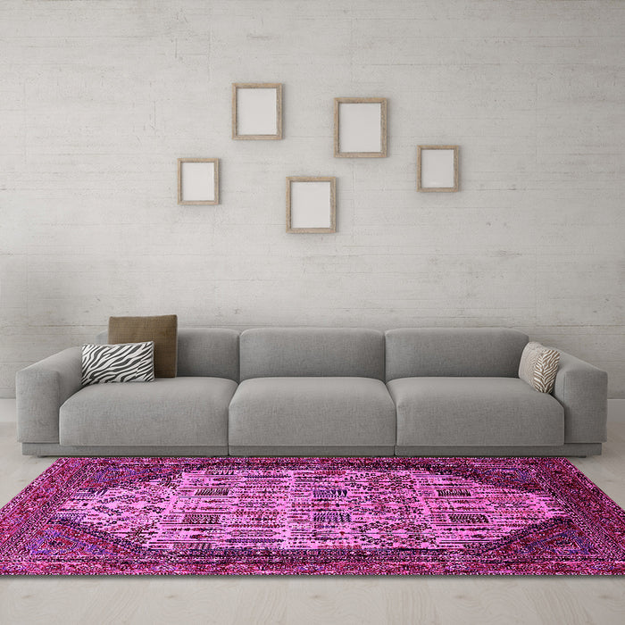 Machine Washable Oriental Pink Industrial Rug in a Living Room, wshurb1473pnk