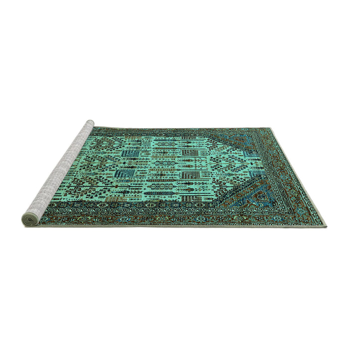 Sideview of Machine Washable Oriental Turquoise Industrial Area Rugs, wshurb1473turq