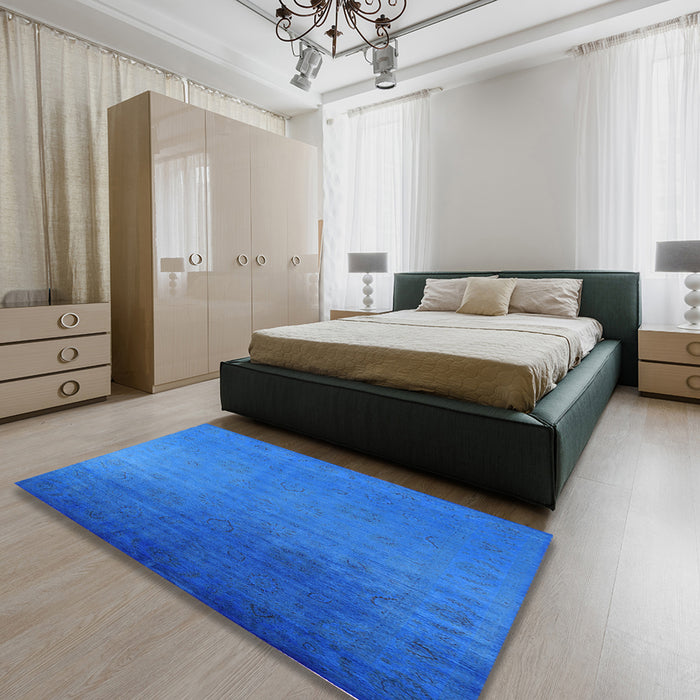 Mid-Century Modern Neon Blue Persian Rug in a Bedroom, urb1476