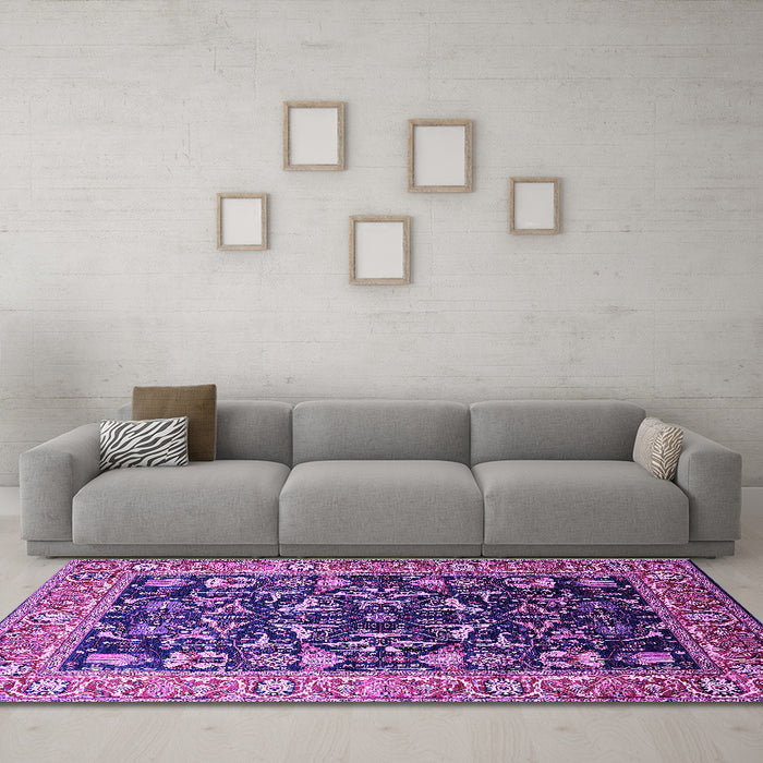 Machine Washable Oriental Purple Industrial Area Rugs in a Living Room, wshurb1482pur