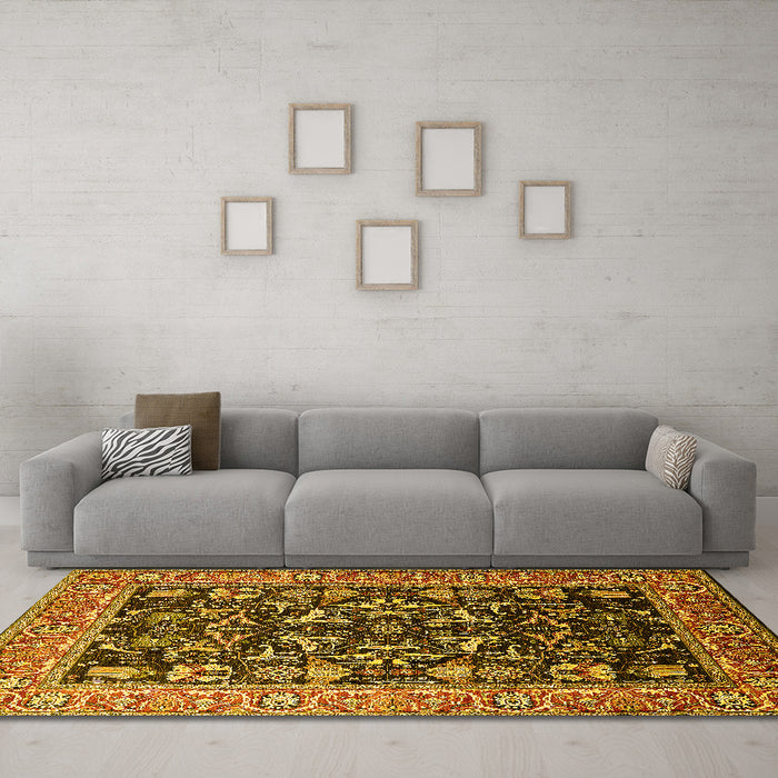 Machine Washable Oriental Yellow Industrial Rug in a Living Room, wshurb1482yw