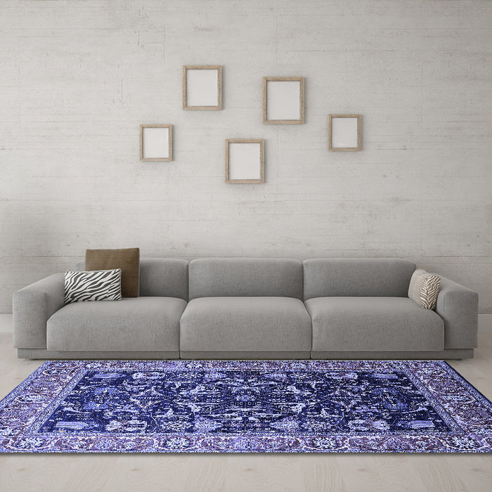 Machine Washable Oriental Blue Industrial Rug in a Living Room, wshurb1482blu