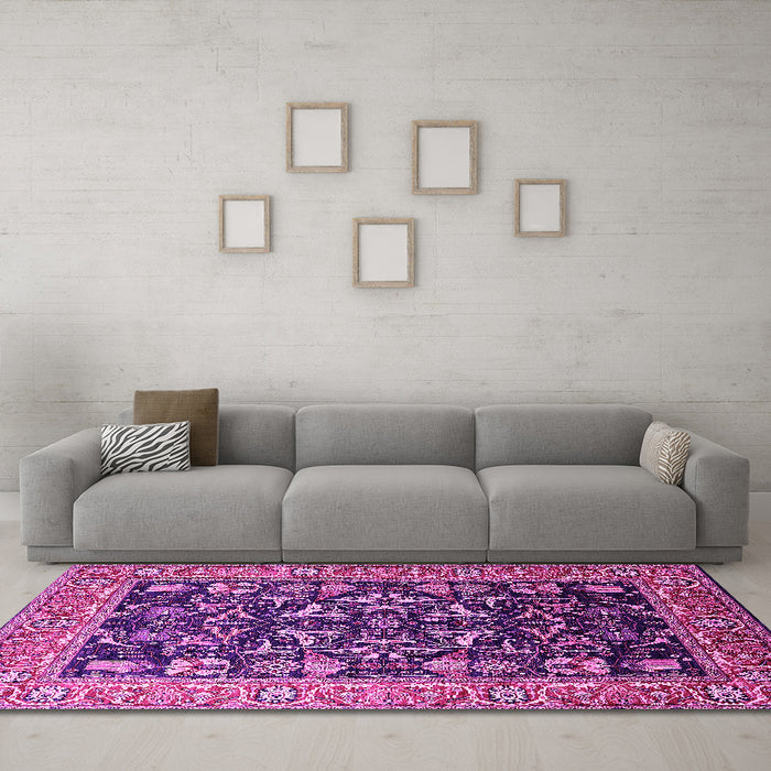Machine Washable Oriental Pink Industrial Rug in a Living Room, wshurb1482pnk