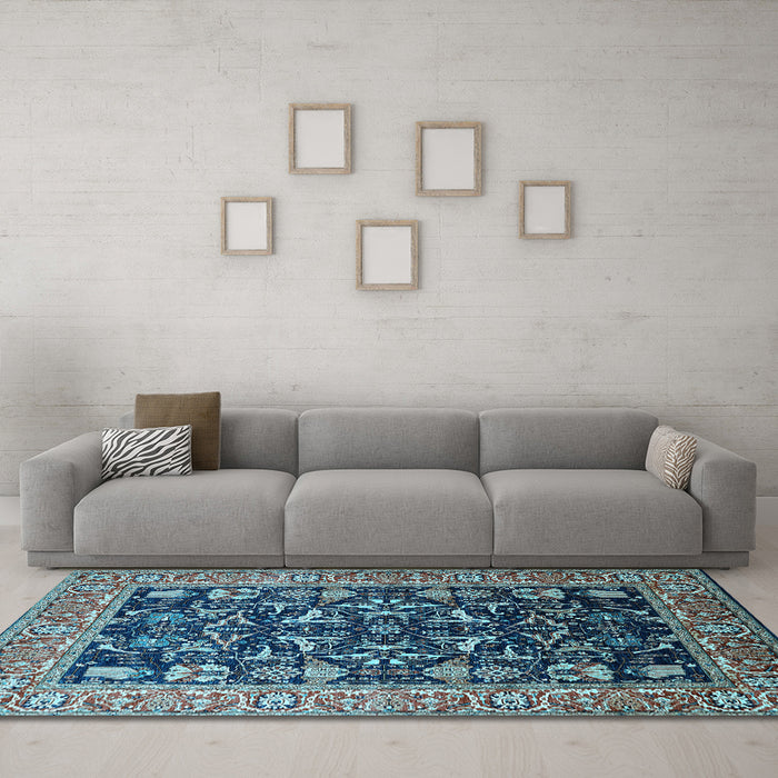 Machine Washable Oriental Light Blue Industrial Rug in a Living Room, wshurb1482lblu