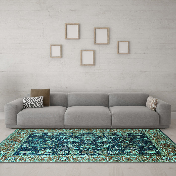 Machine Washable Oriental Turquoise Industrial Area Rugs in a Living Room,, wshurb1482turq