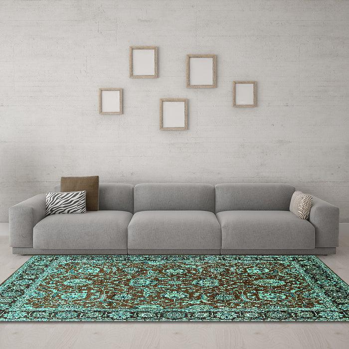 Machine Washable Oriental Turquoise Traditional Area Rugs in a Living Room,, wshurb1483turq