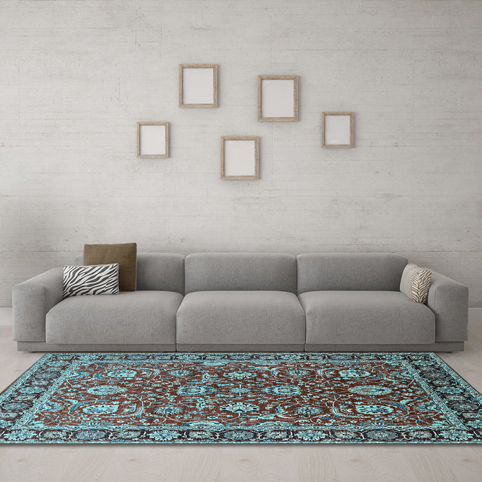 Machine Washable Oriental Light Blue Traditional Rug in a Living Room, wshurb1483lblu