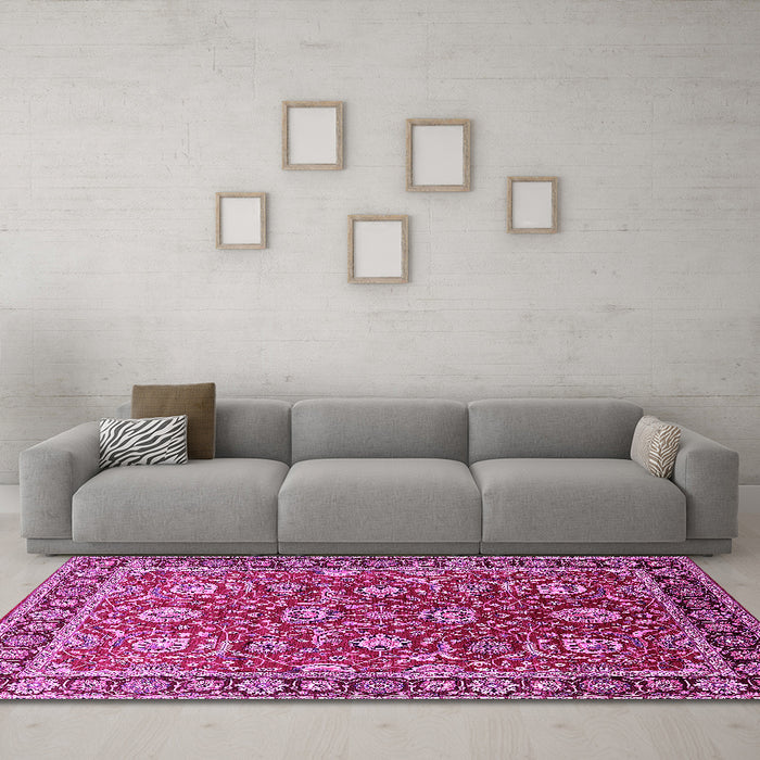 Machine Washable Oriental Pink Traditional Rug in a Living Room, wshurb1483pnk
