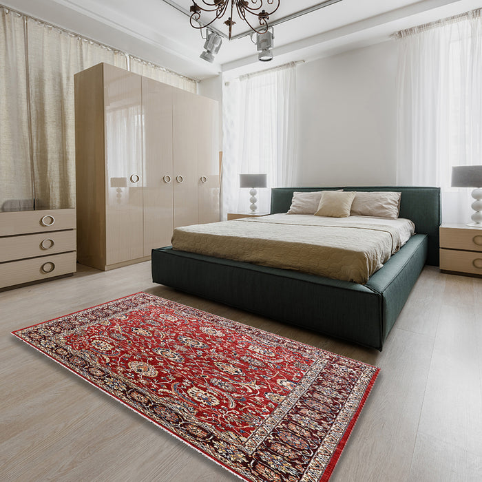 Mid-Century Modern Red Oriental Rug in a Bedroom, urb1483