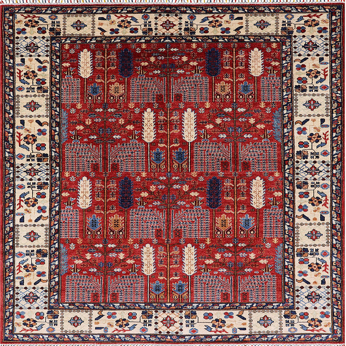 Square Mid-Century Modern Khaki Rose Pink Oriental Rug, urb1484