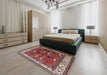 Mid-Century Modern Khaki Rose Pink Oriental Rug in a Bedroom, urb1484