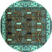 Round Machine Washable Oriental Turquoise Traditional Area Rugs, wshurb1484turq