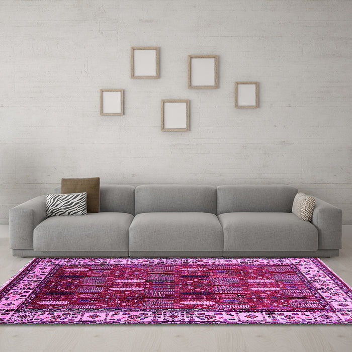 Machine Washable Oriental Pink Traditional Rug in a Living Room, wshurb1484pnk