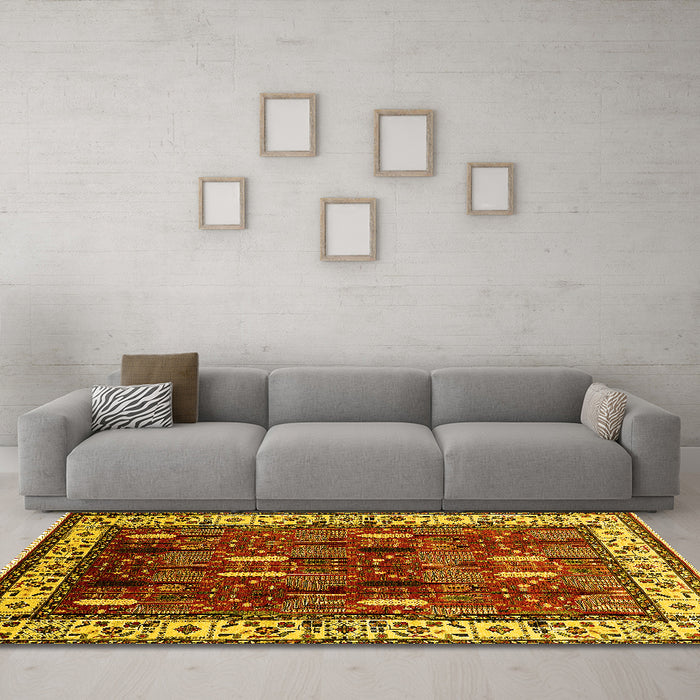 Machine Washable Oriental Yellow Traditional Rug in a Living Room, wshurb1484yw