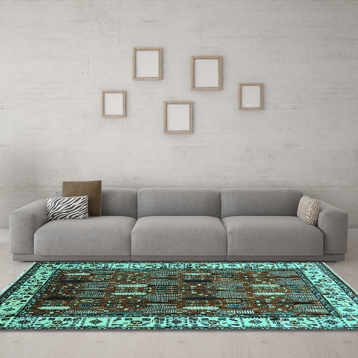 Machine Washable Oriental Turquoise Traditional Area Rugs in a Living Room,, wshurb1484turq
