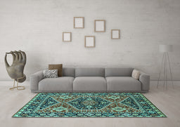 Machine Washable Persian Turquoise Traditional Area Rugs in a Living Room,, wshurb1485turq