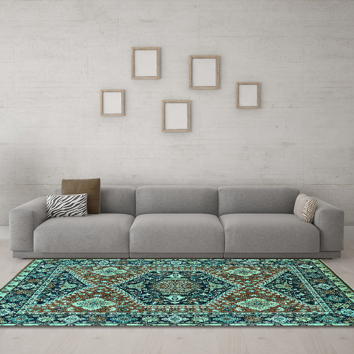 Machine Washable Persian Turquoise Traditional Area Rugs in a Living Room,, wshurb1485turq