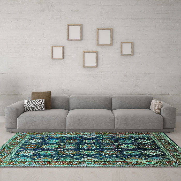 Machine Washable Oriental Turquoise Industrial Area Rugs in a Living Room,, wshurb1486turq