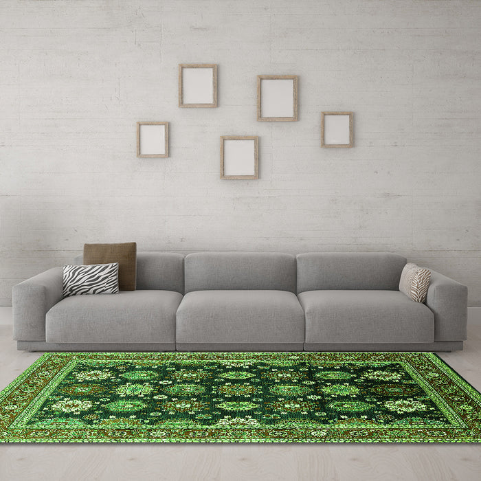 Machine Washable Oriental Green Industrial Area Rugs in a Living Room,, wshurb1486grn