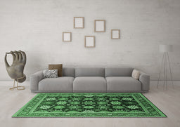 Machine Washable Oriental Emerald Green Industrial Area Rugs in a Living Room,, wshurb1486emgrn