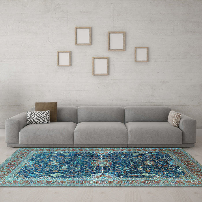 Machine Washable Oriental Light Blue Industrial Rug in a Living Room, wshurb1487lblu