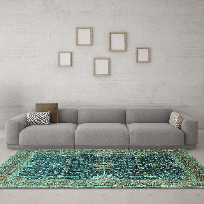 Machine Washable Oriental Turquoise Industrial Area Rugs in a Living Room,, wshurb1487turq