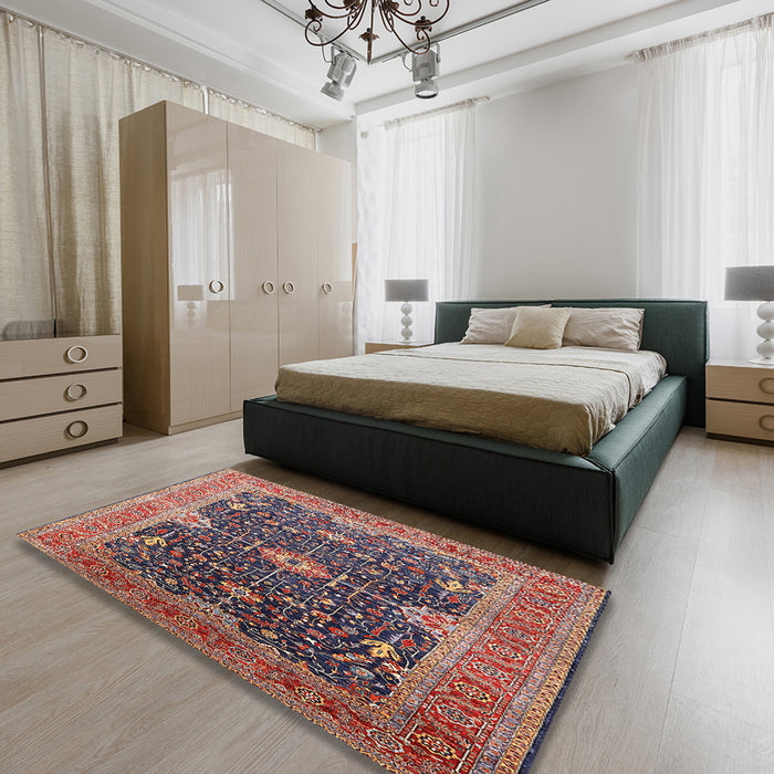 Mid-Century Modern Camel Brown Oriental Rug in a Bedroom, urb1487