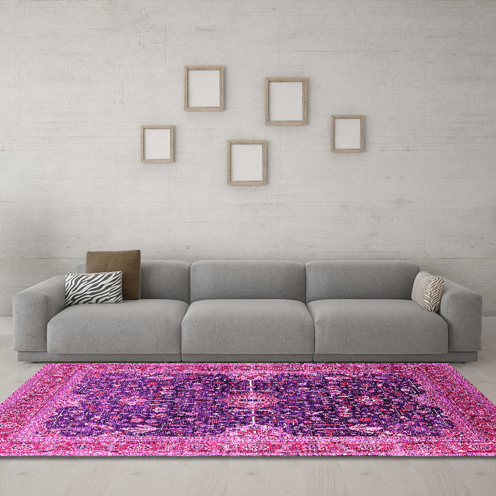 Machine Washable Oriental Pink Industrial Rug in a Living Room, wshurb1487pnk