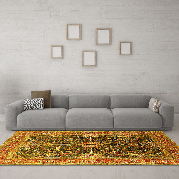 Machine Washable Oriental Yellow Industrial Rug in a Living Room, wshurb1487yw