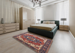 Mid-Century Modern Camel Brown Persian Rug in a Bedroom, urb1488