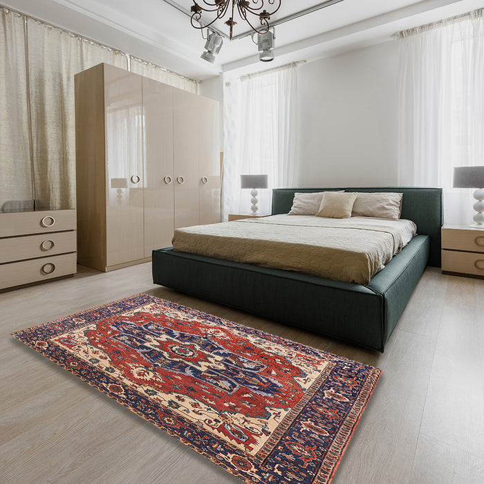 Mid-Century Modern Camel Brown Persian Rug in a Bedroom, urb1488