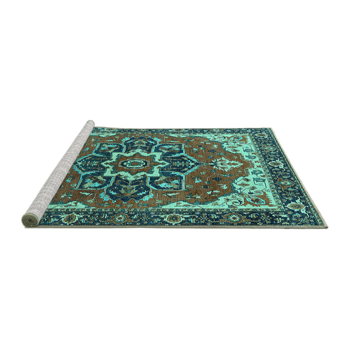 Sideview of Machine Washable Persian Turquoise Traditional Area Rugs, wshurb1488turq