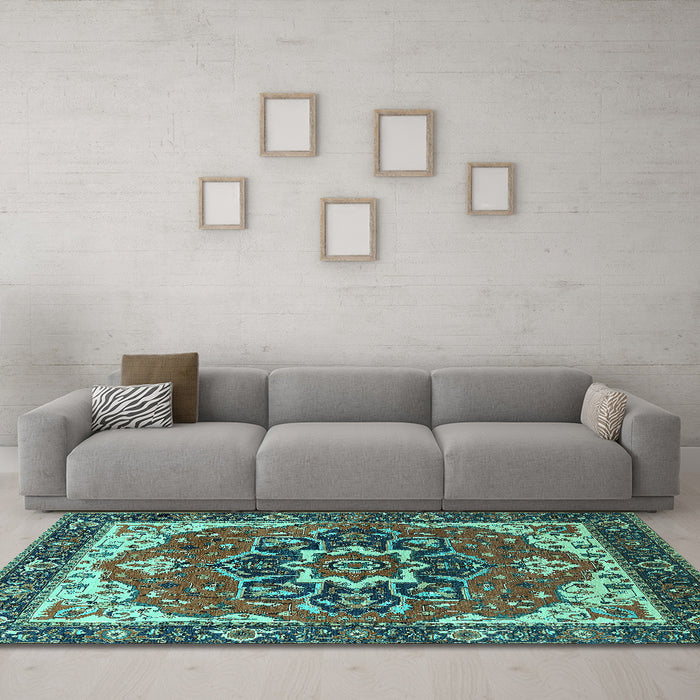 Machine Washable Persian Turquoise Traditional Area Rugs in a Living Room,, wshurb1488turq
