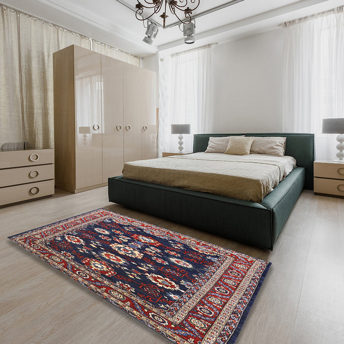 Mid-Century Modern Gunmetal Gray Oriental Rug in a Bedroom, urb1489