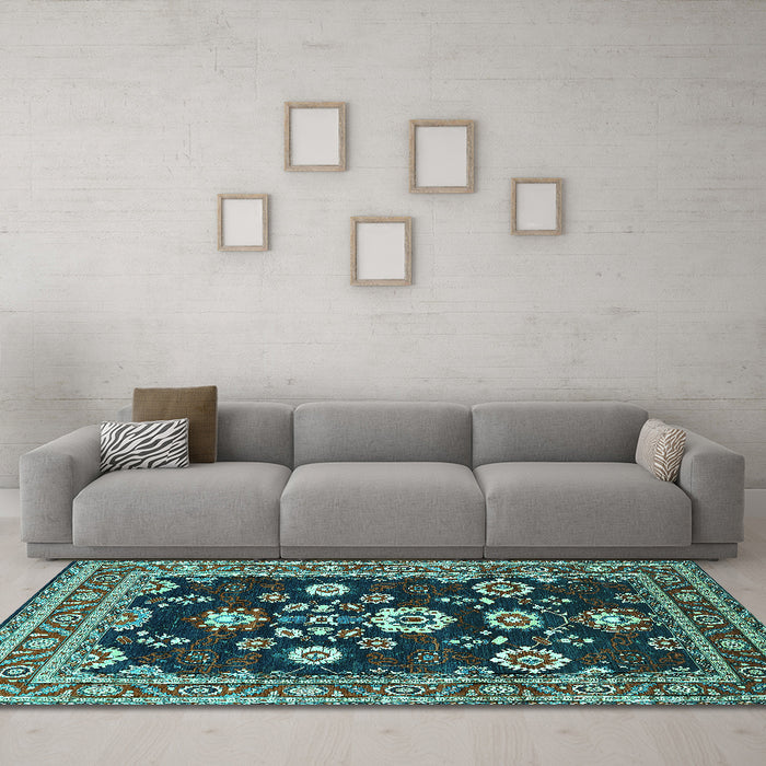 Machine Washable Oriental Turquoise Industrial Area Rugs in a Living Room,, wshurb1489turq