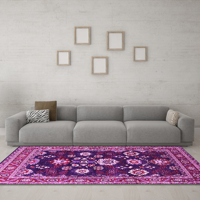 Machine Washable Oriental Pink Industrial Rug in a Living Room, wshurb1489pnk