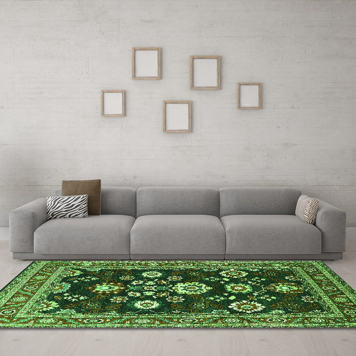 Machine Washable Oriental Green Industrial Area Rugs in a Living Room,, wshurb1489grn
