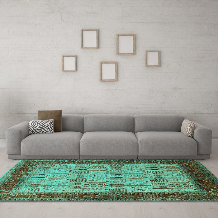 Machine Washable Oriental Turquoise Industrial Area Rugs in a Living Room,, wshurb1490turq