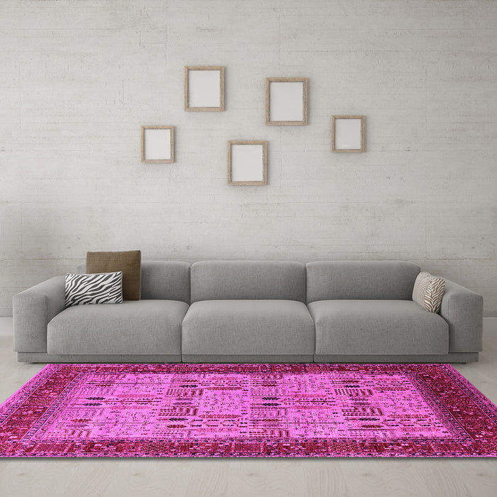 Machine Washable Oriental Pink Industrial Rug in a Living Room, wshurb1490pnk