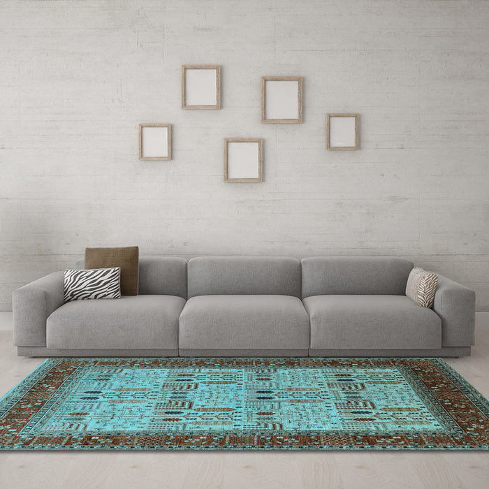 Machine Washable Oriental Light Blue Industrial Rug in a Living Room, wshurb1490lblu