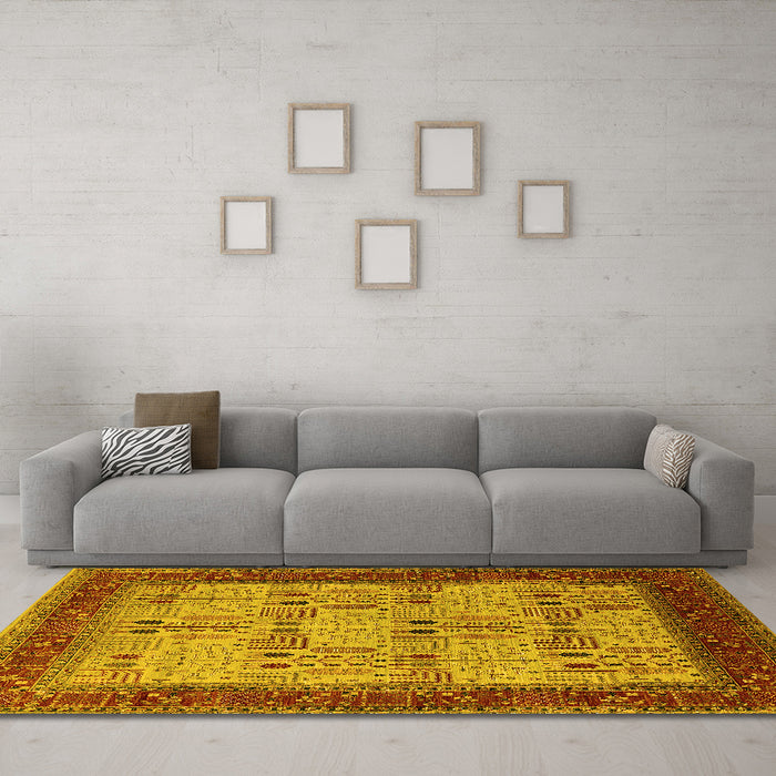 Machine Washable Oriental Yellow Industrial Rug in a Living Room, wshurb1490yw