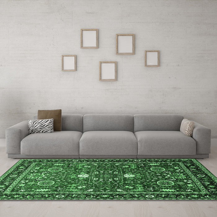 Machine Washable Oriental Emerald Green Industrial Area Rugs in a Living Room,, wshurb1491emgrn