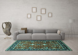 Machine Washable Oriental Turquoise Industrial Area Rugs in a Living Room,, wshurb1491turq