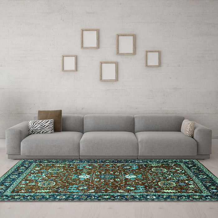 Machine Washable Oriental Turquoise Industrial Area Rugs in a Living Room,, wshurb1491turq