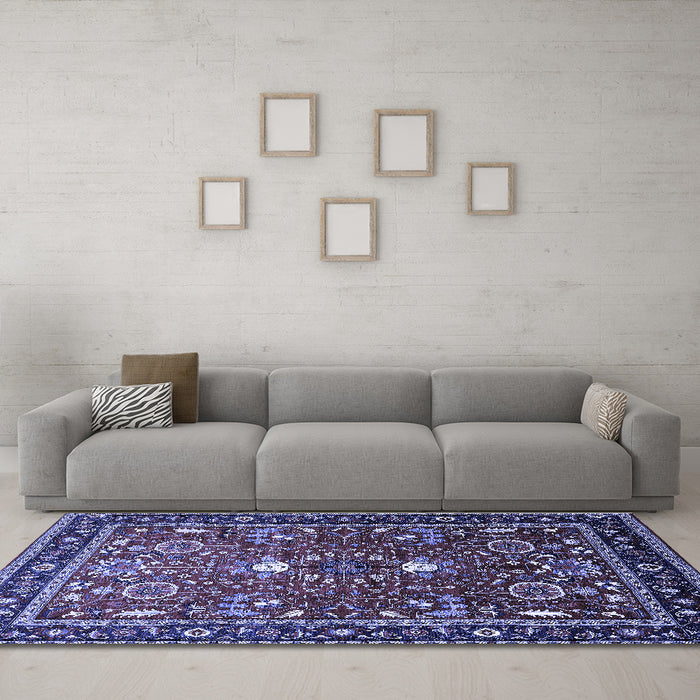 Machine Washable Oriental Blue Industrial Rug in a Living Room, wshurb1491blu